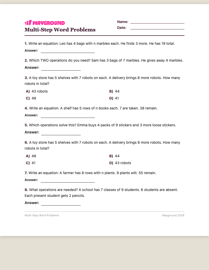 Multi-Step Word Problems Worksheet - พิมพ์ได้ โจทย์ปัญหาแบบหลายขั้นตอน เวิร์กชีท ระดับ 3 - Wayground