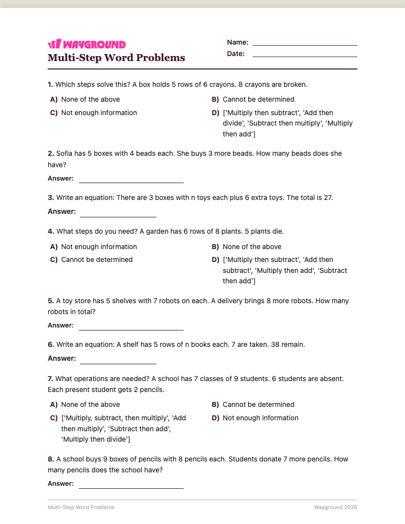 Multi-Step Word Problems Worksheet - พิมพ์ได้ โจทย์ปัญหาแบบหลายขั้นตอน เวิร์กชีท ระดับ 3 - Wayground