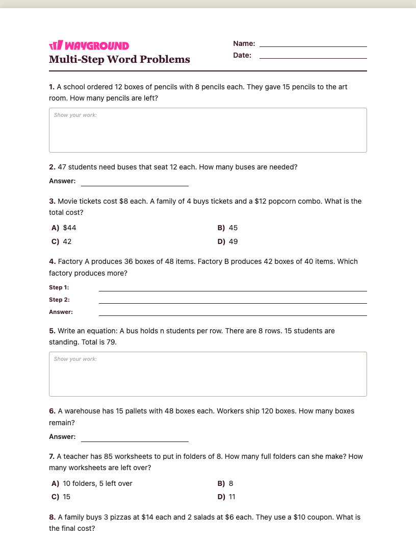 Multi-Step Word Problems Worksheet - พิมพ์ได้ โจทย์ปัญหาแบบหลายขั้นตอน เวิร์กชีท ระดับ 4 - Wayground