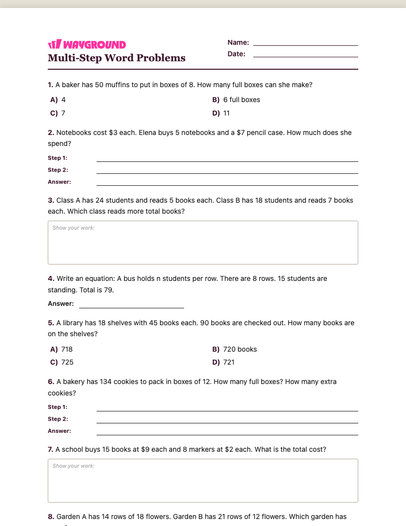 Multi-Step Word Problems Worksheet - พิมพ์ได้ โจทย์ปัญหาแบบหลายขั้นตอน เวิร์กชีท ระดับ 4 - Wayground