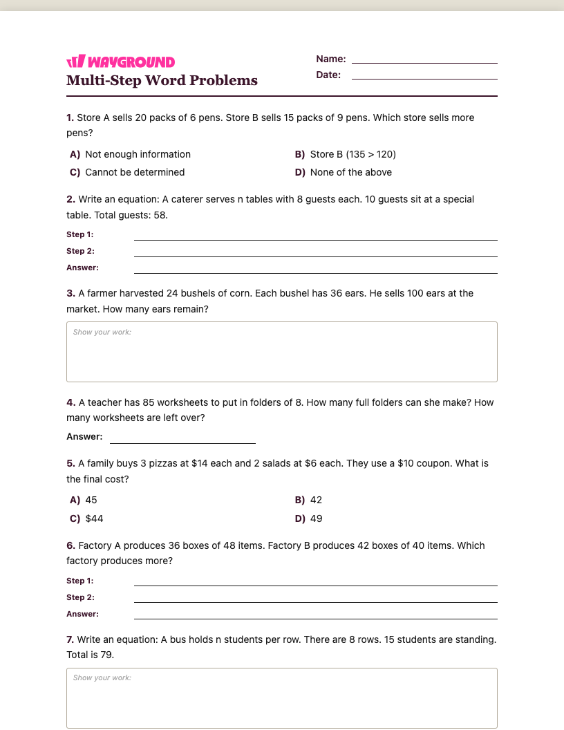 Multi-Step Word Problems Worksheet - พิมพ์ได้ โจทย์ปัญหาแบบหลายขั้นตอน เวิร์กชีท ระดับ 4 - Wayground