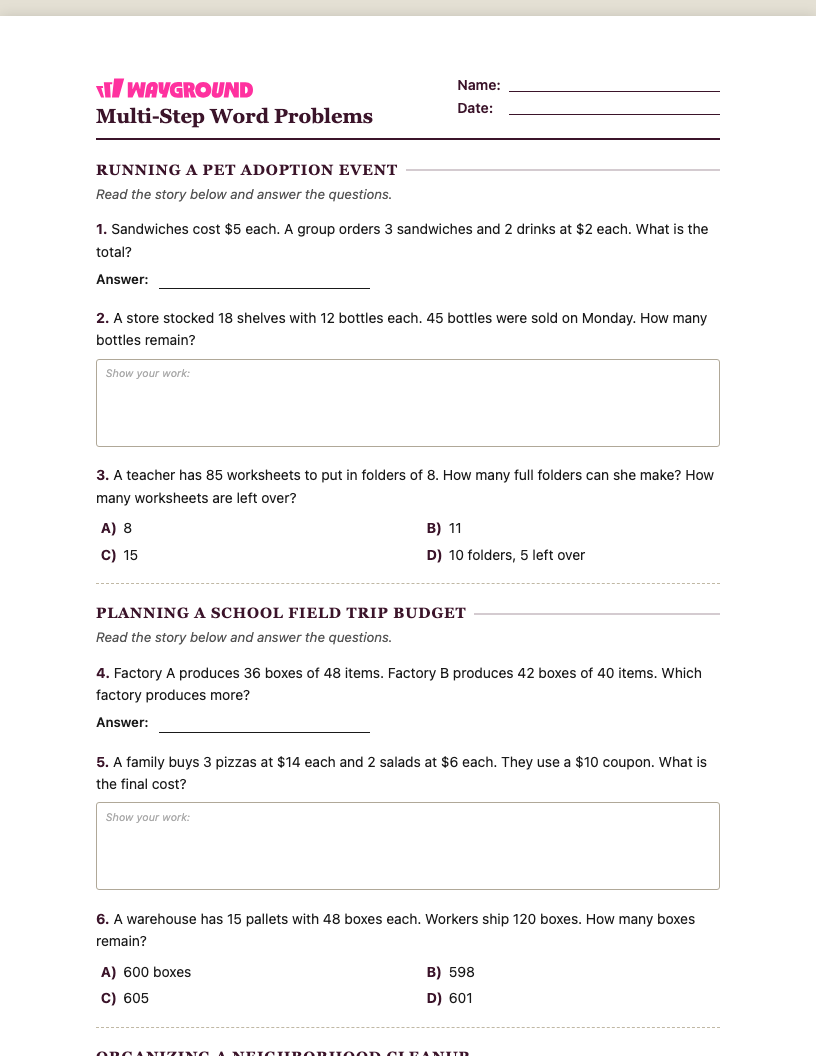 Multi-Step Word Problems Worksheet - พิมพ์ได้ โจทย์ปัญหาแบบหลายขั้นตอน เวิร์กชีท ระดับ 4 - Wayground