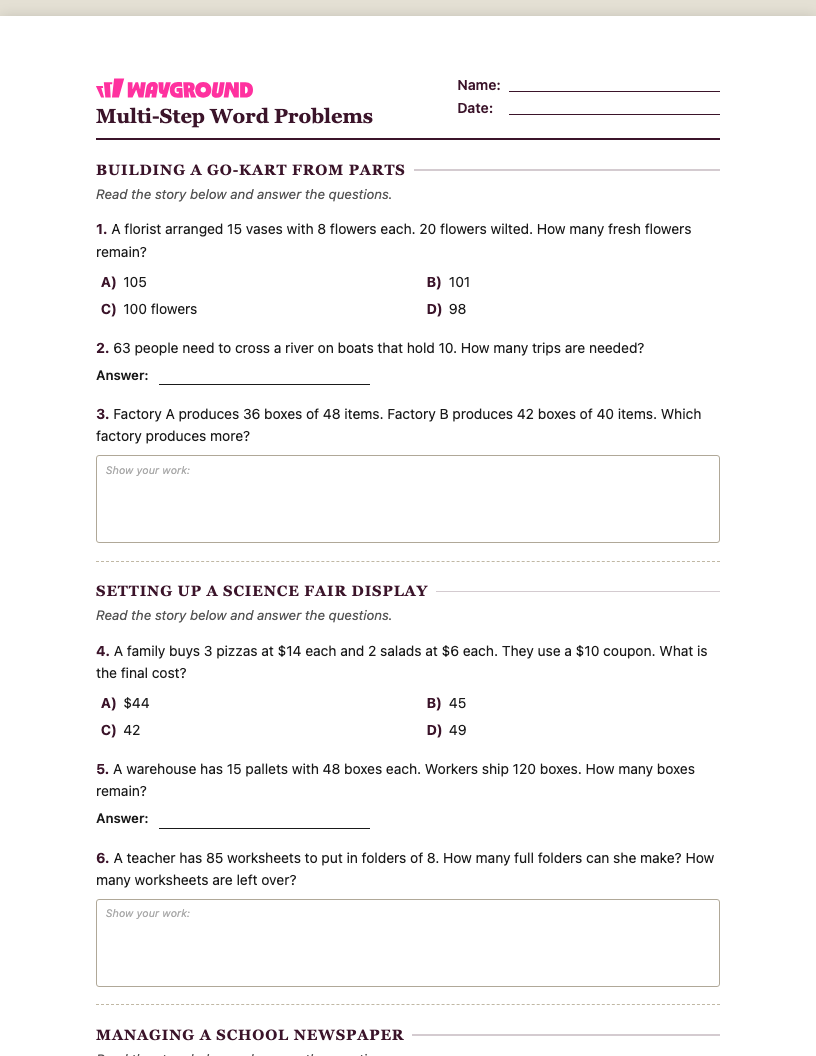 Multi-Step Word Problems Worksheet - พิมพ์ได้ โจทย์ปัญหาแบบหลายขั้นตอน เวิร์กชีท ระดับ 4 - Wayground