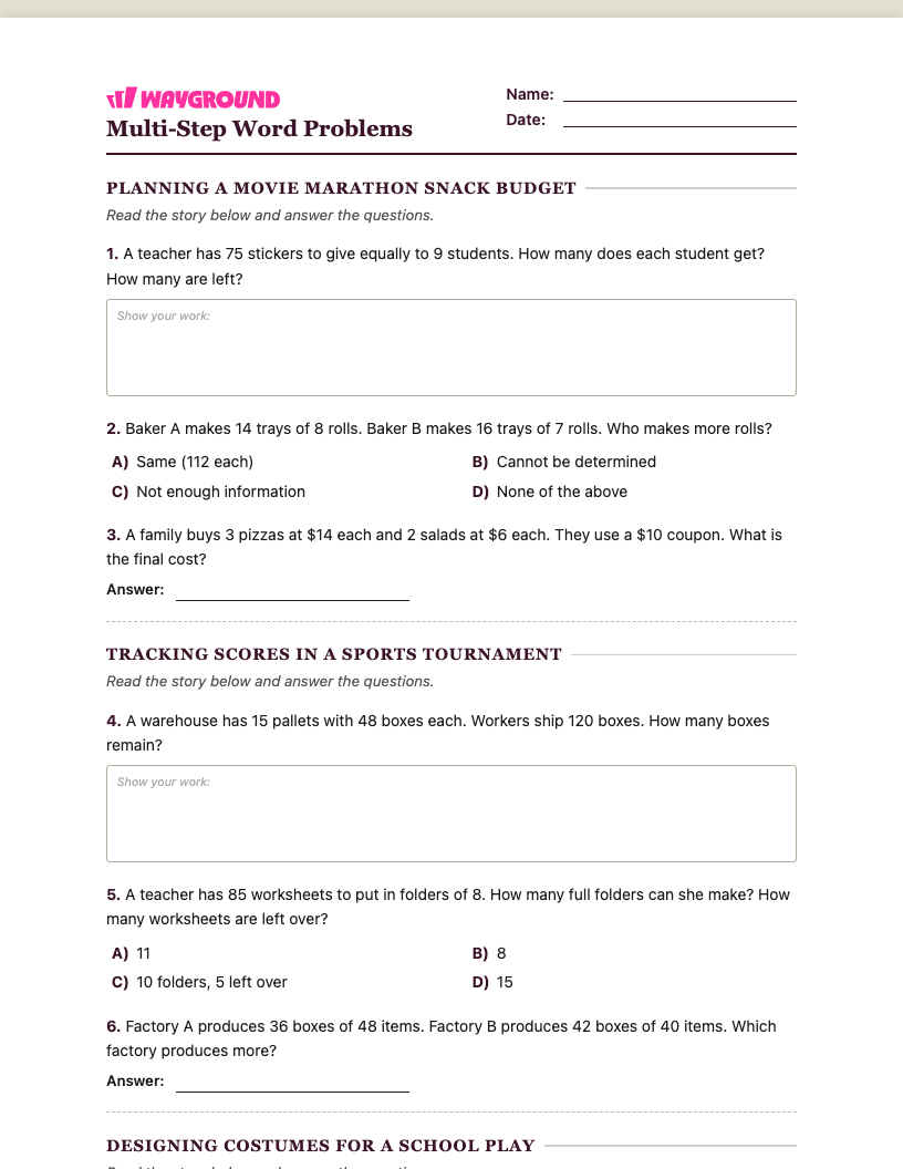 Multi-Step Word Problems Worksheet - พิมพ์ได้ โจทย์ปัญหาแบบหลายขั้นตอน เวิร์กชีท ระดับ 4 - Wayground