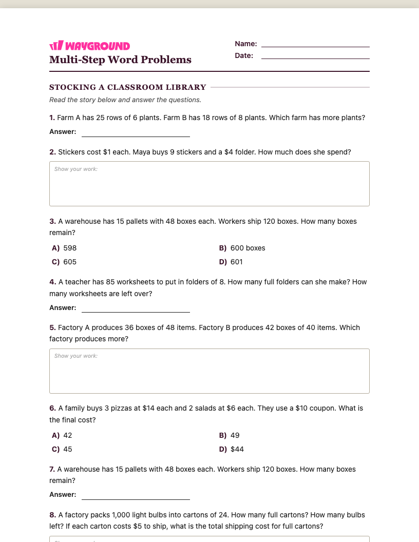 Multi-Step Word Problems Worksheet - พิมพ์ได้ โจทย์ปัญหาแบบหลายขั้นตอน เวิร์กชีท ระดับ 4 - Wayground