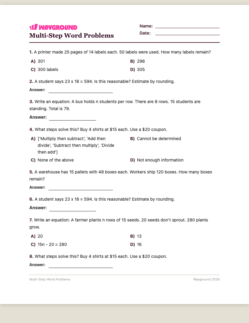 Multi-Step Word Problems Worksheet - พิมพ์ได้ โจทย์ปัญหาแบบหลายขั้นตอน เวิร์กชีท ระดับ 4 - Wayground