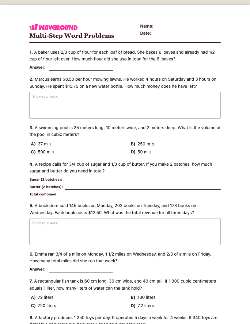 Multi-Step Word Problems Worksheet - พิมพ์ได้ โจทย์ปัญหาแบบหลายขั้นตอน เวิร์กชีท - Wayground