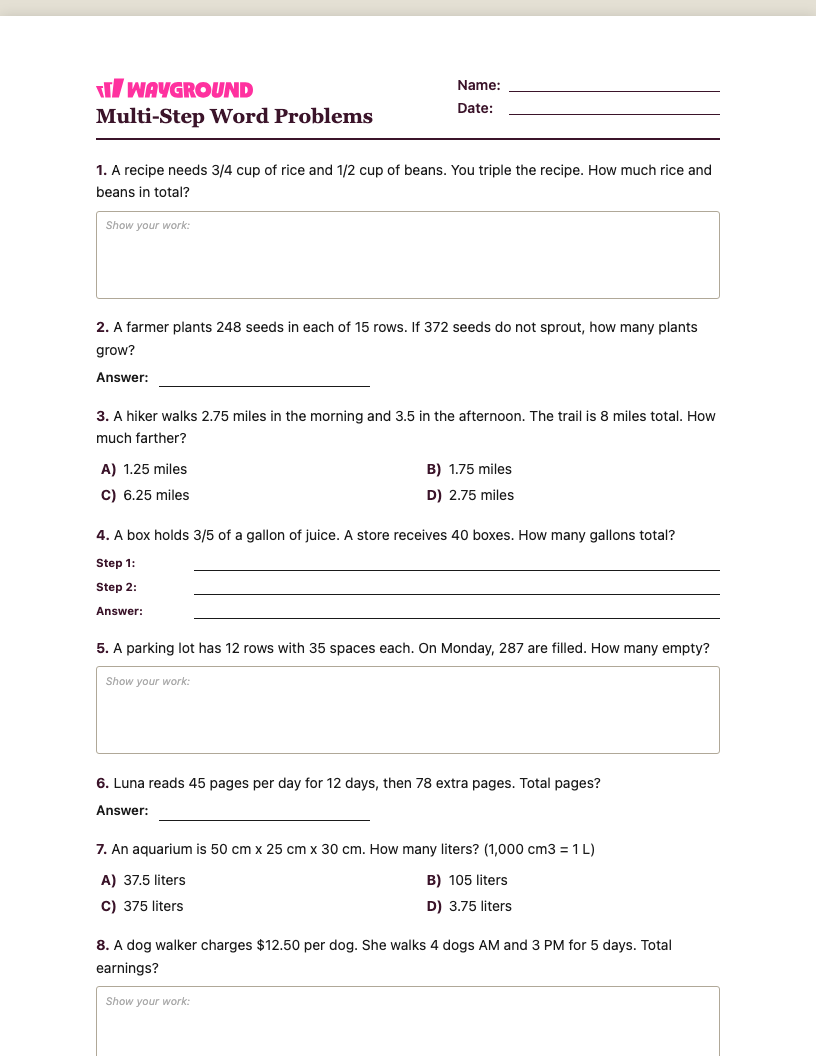 Multi-Step Word Problems Worksheet - พิมพ์ได้ โจทย์ปัญหาแบบหลายขั้นตอน เวิร์กชีท ระดับ 5 - Wayground