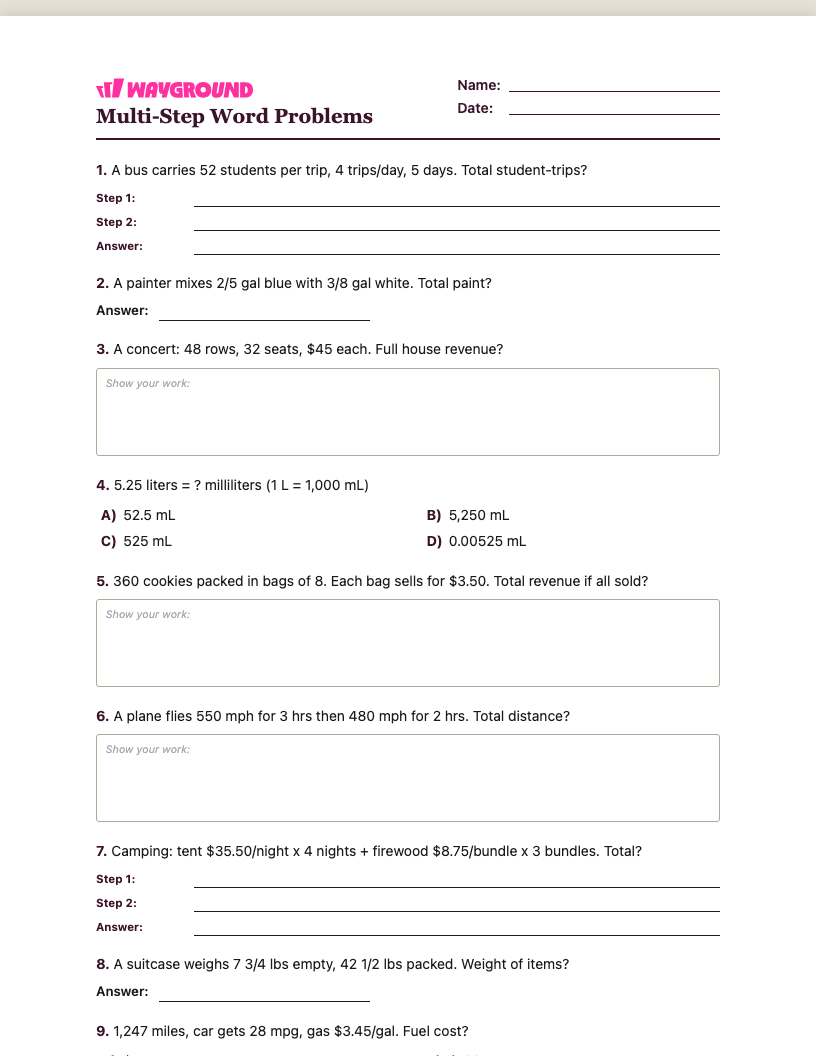 Multi-Step Word Problems Worksheet - พิมพ์ได้ โจทย์ปัญหาแบบหลายขั้นตอน เวิร์กชีท ระดับ 5 - Wayground