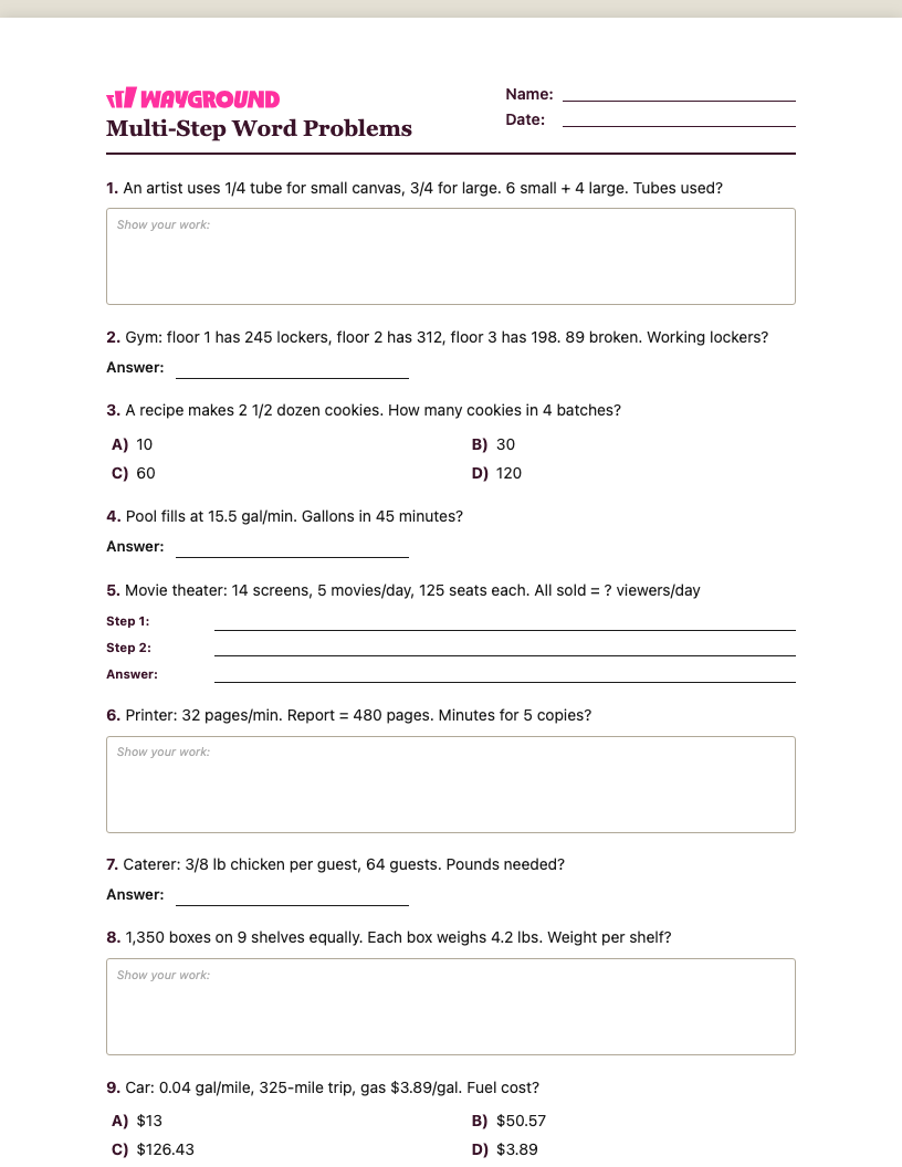 Multi-Step Word Problems Worksheet - พิมพ์ได้ โจทย์ปัญหาแบบหลายขั้นตอน เวิร์กชีท ระดับ 5 - Wayground