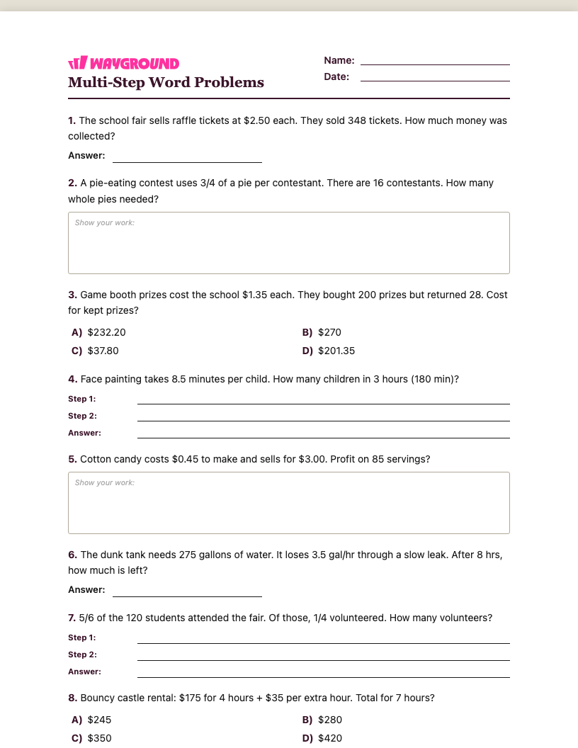 Multi-Step Word Problems Worksheet - พิมพ์ได้ โจทย์ปัญหาแบบหลายขั้นตอน เวิร์กชีท ระดับ 5 - Wayground