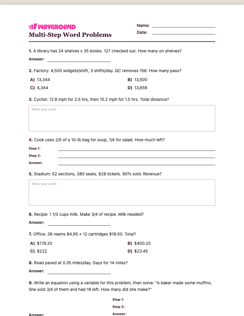 Multi-Step Word Problems Worksheet - พิมพ์ได้ โจทย์ปัญหาแบบหลายขั้นตอน เวิร์กชีท ระดับ 5 - Wayground