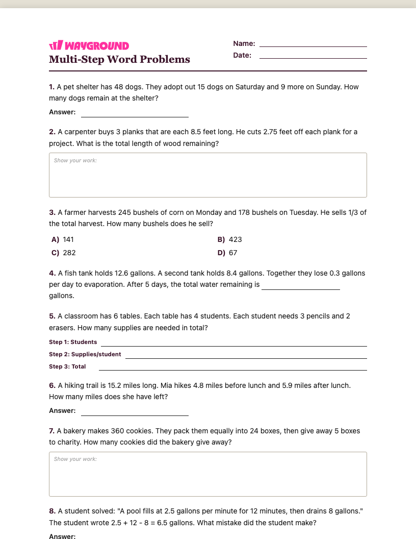 Multi-Step Word Problems Worksheet - พิมพ์ได้ โจทย์ปัญหาแบบหลายขั้นตอน เวิร์กชีท ระดับ 5 - Wayground