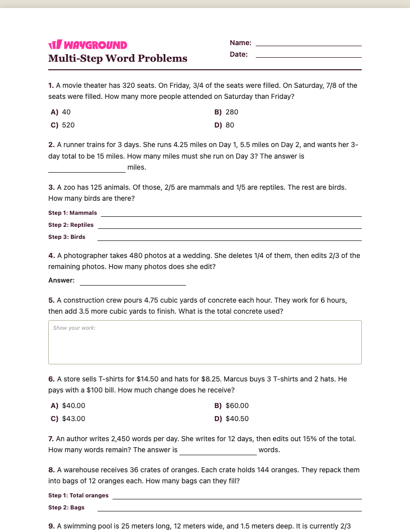 Multi-Step Word Problems Worksheet - พิมพ์ได้ โจทย์ปัญหาแบบหลายขั้นตอน เวิร์กชีท ระดับ 5 - Wayground