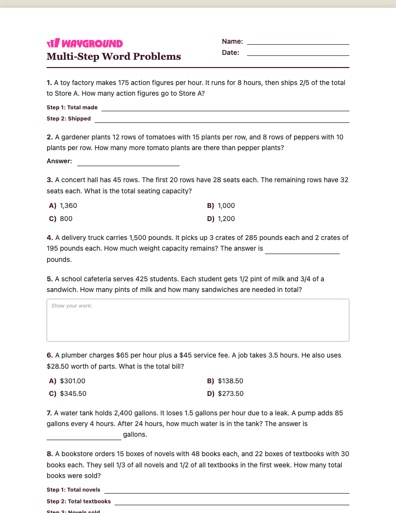 Multi-Step Word Problems Worksheet - พิมพ์ได้ โจทย์ปัญหาแบบหลายขั้นตอน เวิร์กชีท ระดับ 5 - Wayground