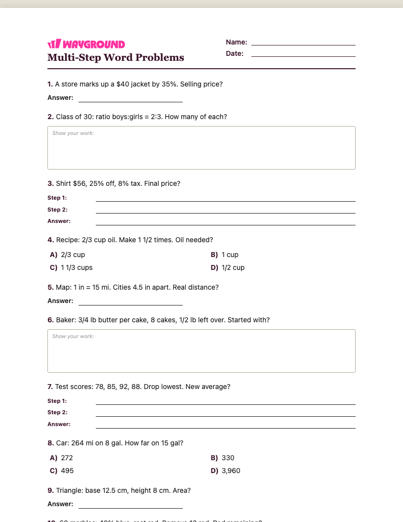 Multi-Step Word Problems Worksheet - พิมพ์ได้ โจทย์ปัญหาแบบหลายขั้นตอน เวิร์กชีท ระดับ 6 - Wayground