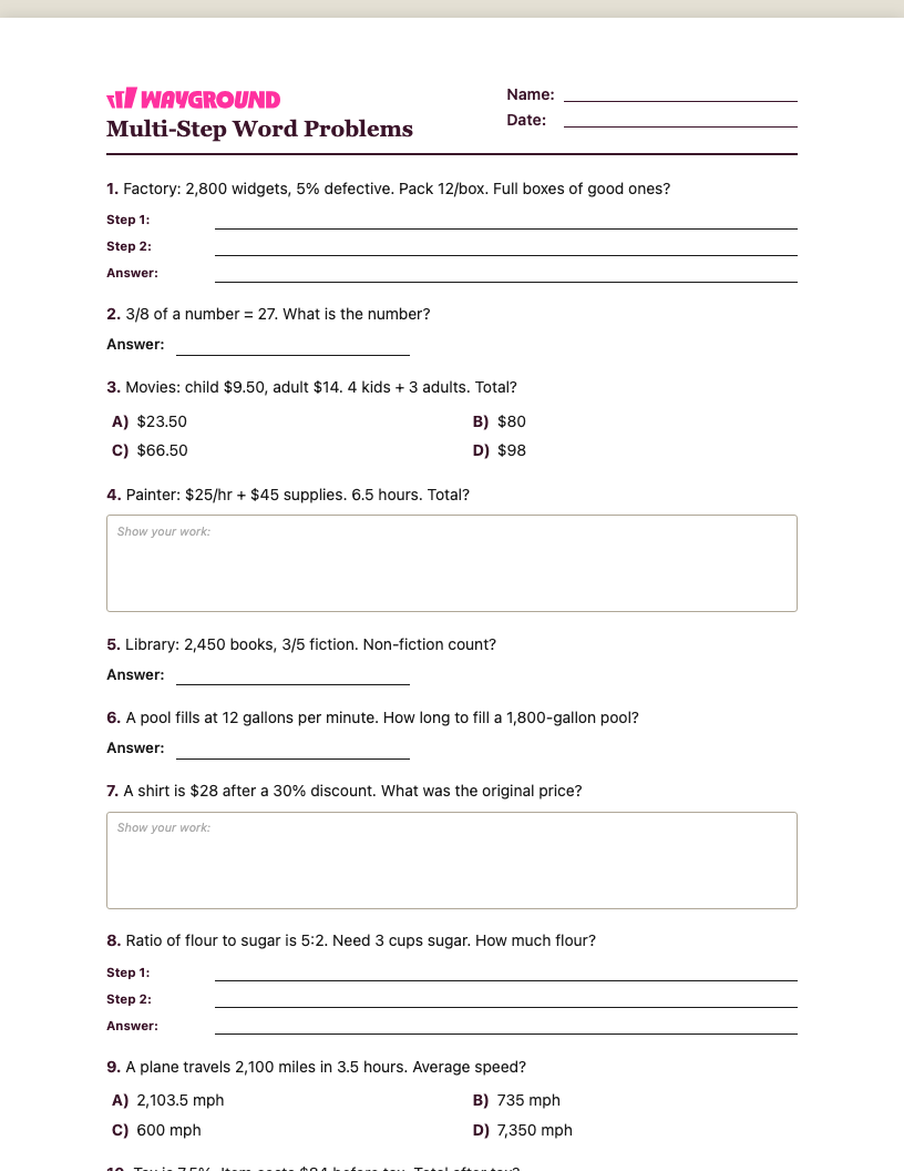 Multi-Step Word Problems Worksheet - พิมพ์ได้ โจทย์ปัญหาแบบหลายขั้นตอน เวิร์กชีท ระดับ 6 - Wayground