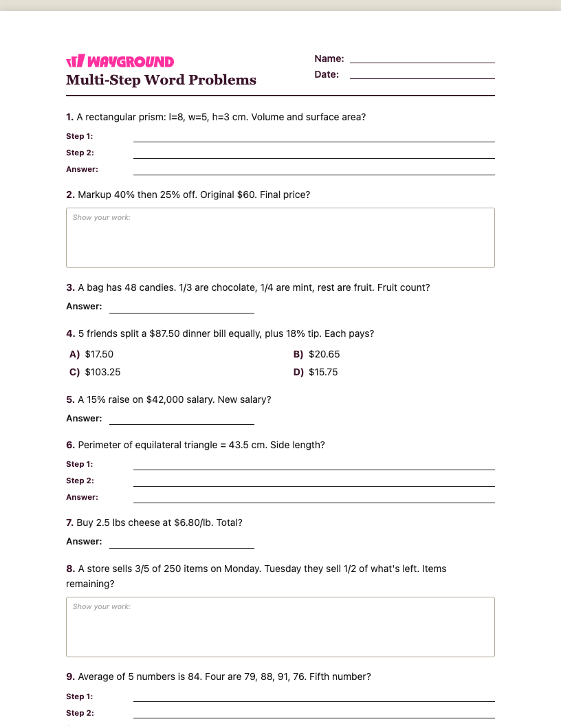 Multi-Step Word Problems Worksheet - พิมพ์ได้ โจทย์ปัญหาแบบหลายขั้นตอน เวิร์กชีท ระดับ 6 - Wayground