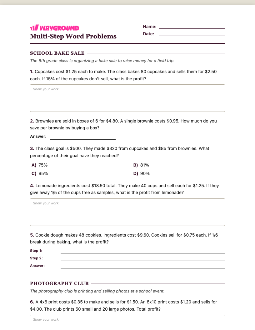 Multi-Step Word Problems Worksheet - พิมพ์ได้ โจทย์ปัญหาแบบหลายขั้นตอน เวิร์กชีท ระดับ 6 - Wayground