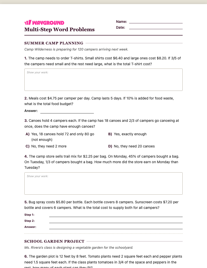 Multi-Step Word Problems Worksheet - พิมพ์ได้ โจทย์ปัญหาแบบหลายขั้นตอน เวิร์กชีท ระดับ 6 - Wayground