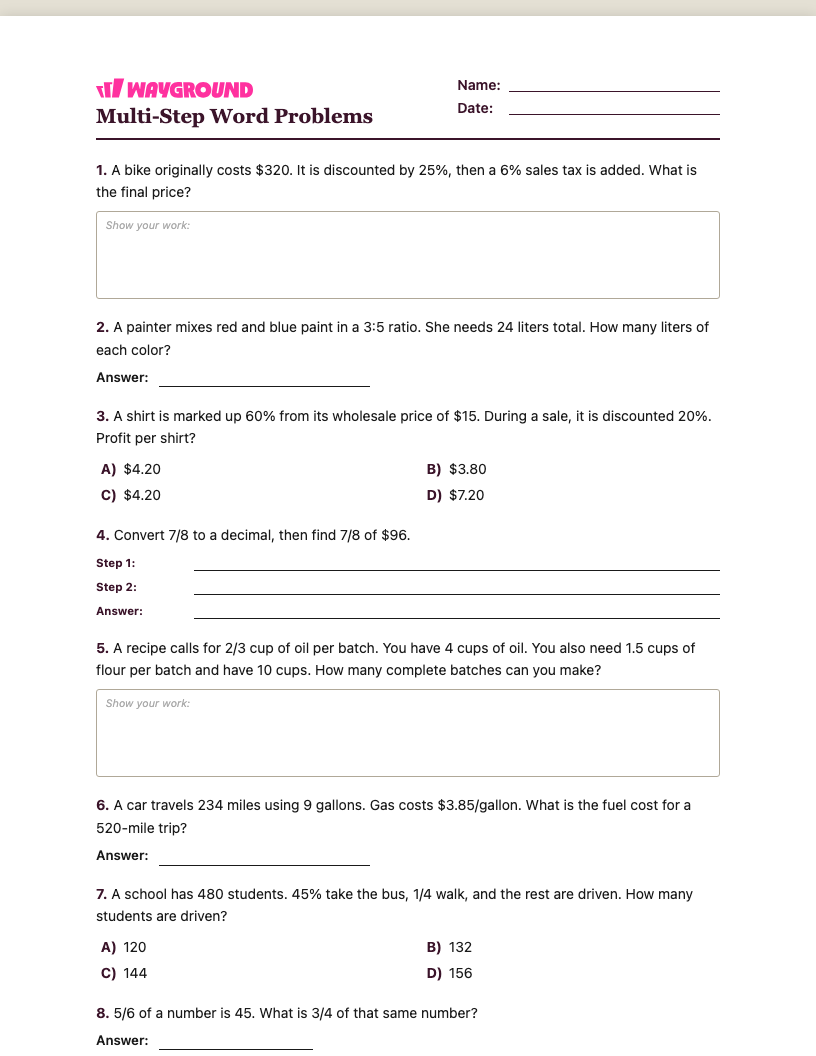 Multi-Step Word Problems Worksheet - พิมพ์ได้ โจทย์ปัญหาแบบหลายขั้นตอน เวิร์กชีท ระดับ 6 - Wayground