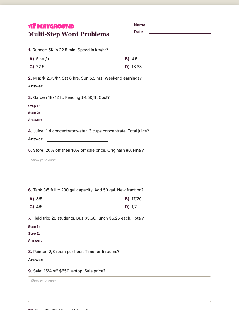 Multi-Step Word Problems Worksheet - พิมพ์ได้ โจทย์ปัญหาแบบหลายขั้นตอน เวิร์กชีท - Wayground