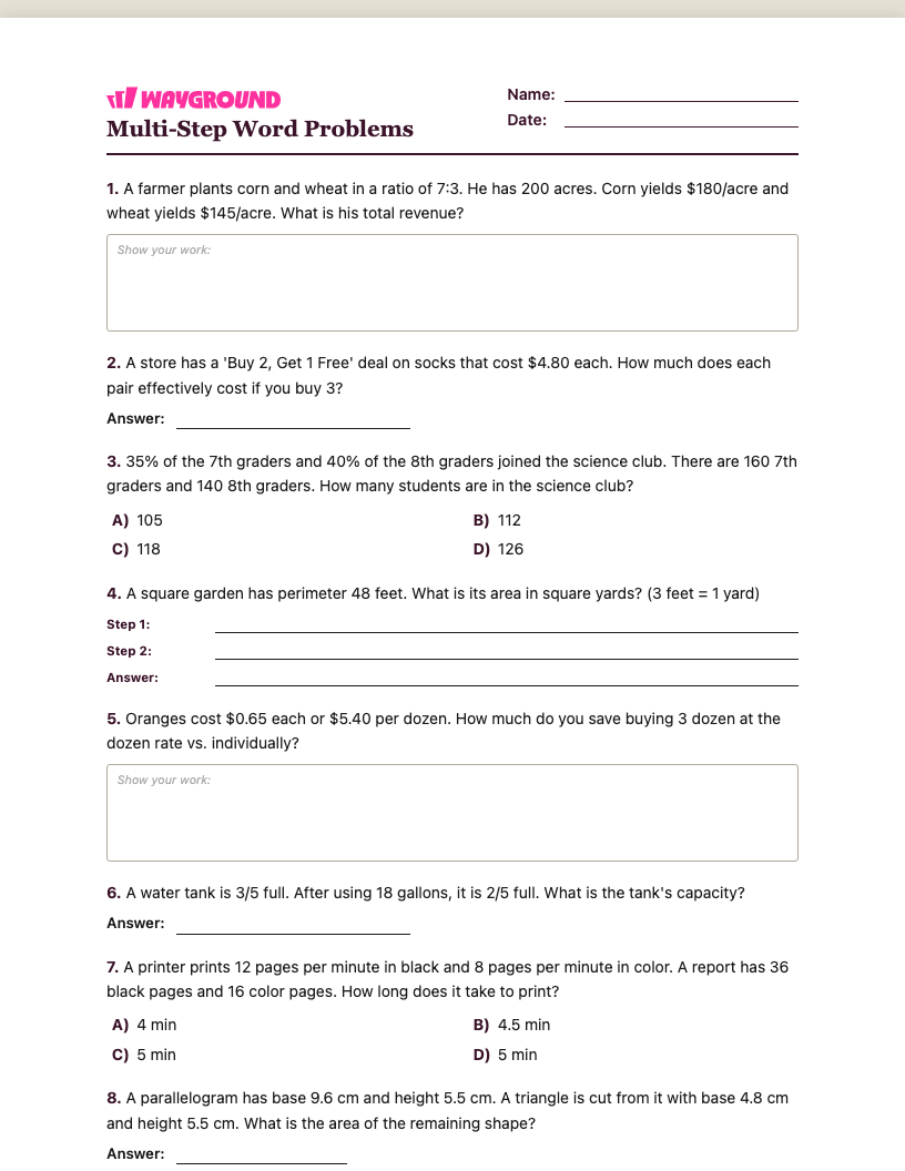 Multi-Step Word Problems Worksheet - พิมพ์ได้ โจทย์ปัญหาแบบหลายขั้นตอน เวิร์กชีท ระดับ 6 - Wayground