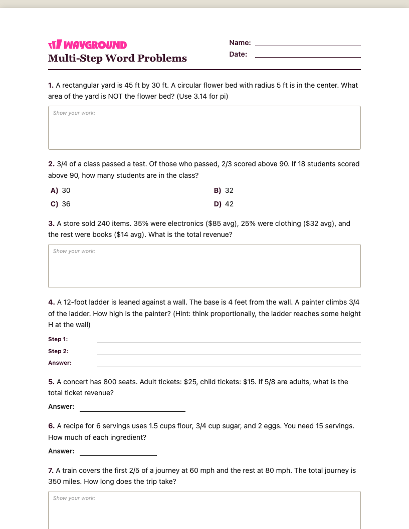 Multi-Step Word Problems Worksheet - พิมพ์ได้ โจทย์ปัญหาแบบหลายขั้นตอน เวิร์กชีท ระดับ 6 - Wayground