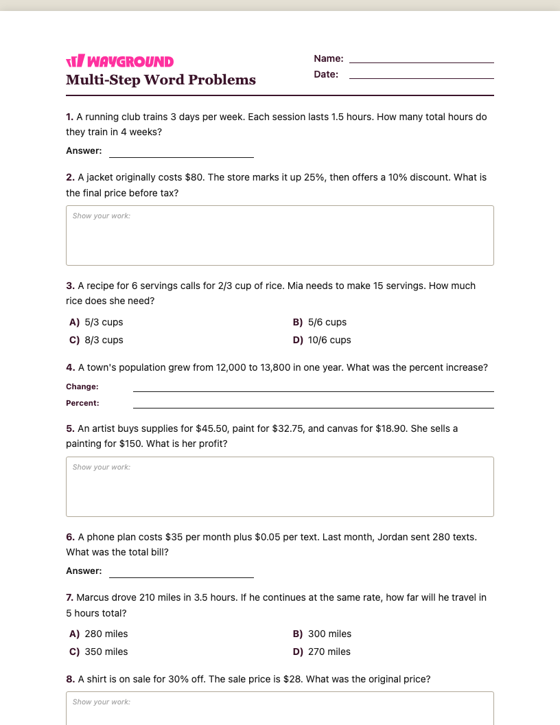 Multi-Step Word Problems Worksheet - พิมพ์ได้ โจทย์ปัญหาแบบหลายขั้นตอน เวิร์กชีท ระดับ 7 - Wayground