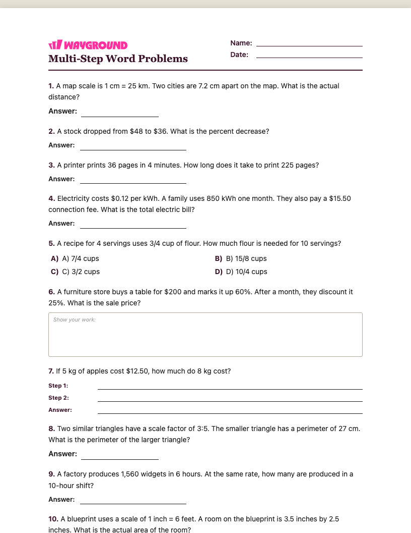 Multi-Step Word Problems Worksheet - พิมพ์ได้ โจทย์ปัญหาแบบหลายขั้นตอน เวิร์กชีท ระดับ 7 - Wayground