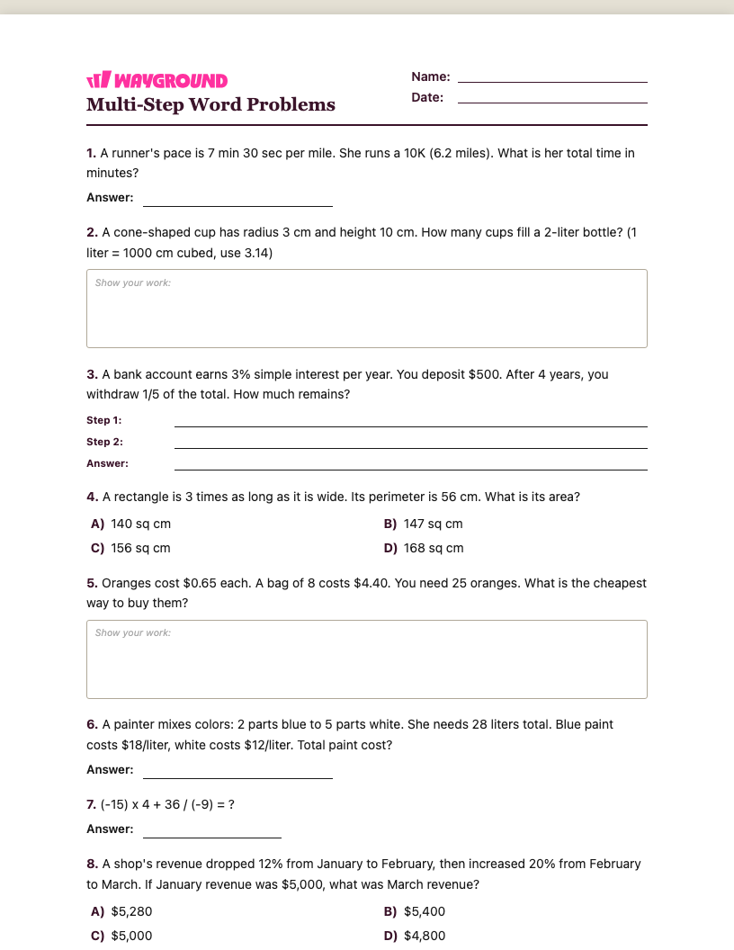 Multi-Step Word Problems Worksheet - พิมพ์ได้ โจทย์ปัญหาแบบหลายขั้นตอน เวิร์กชีท ระดับ 7 - Wayground