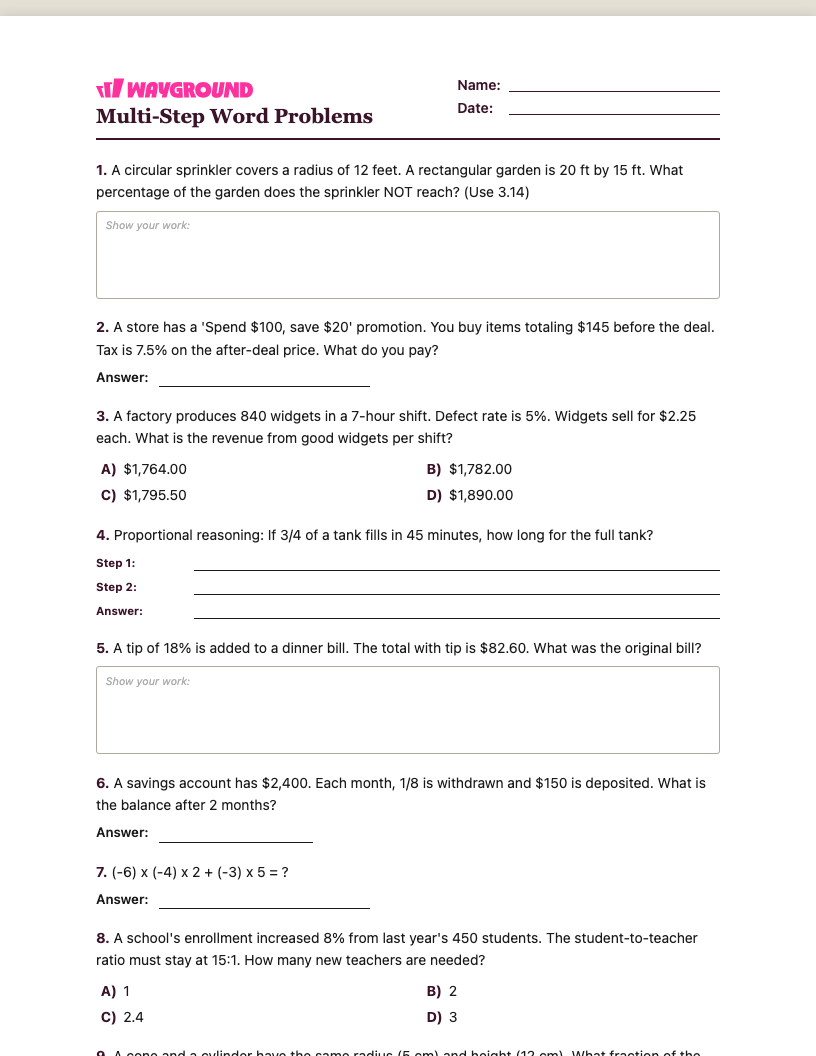 Multi-Step Word Problems Worksheet - พิมพ์ได้ โจทย์ปัญหาแบบหลายขั้นตอน เวิร์กชีท ระดับ 7 - Wayground