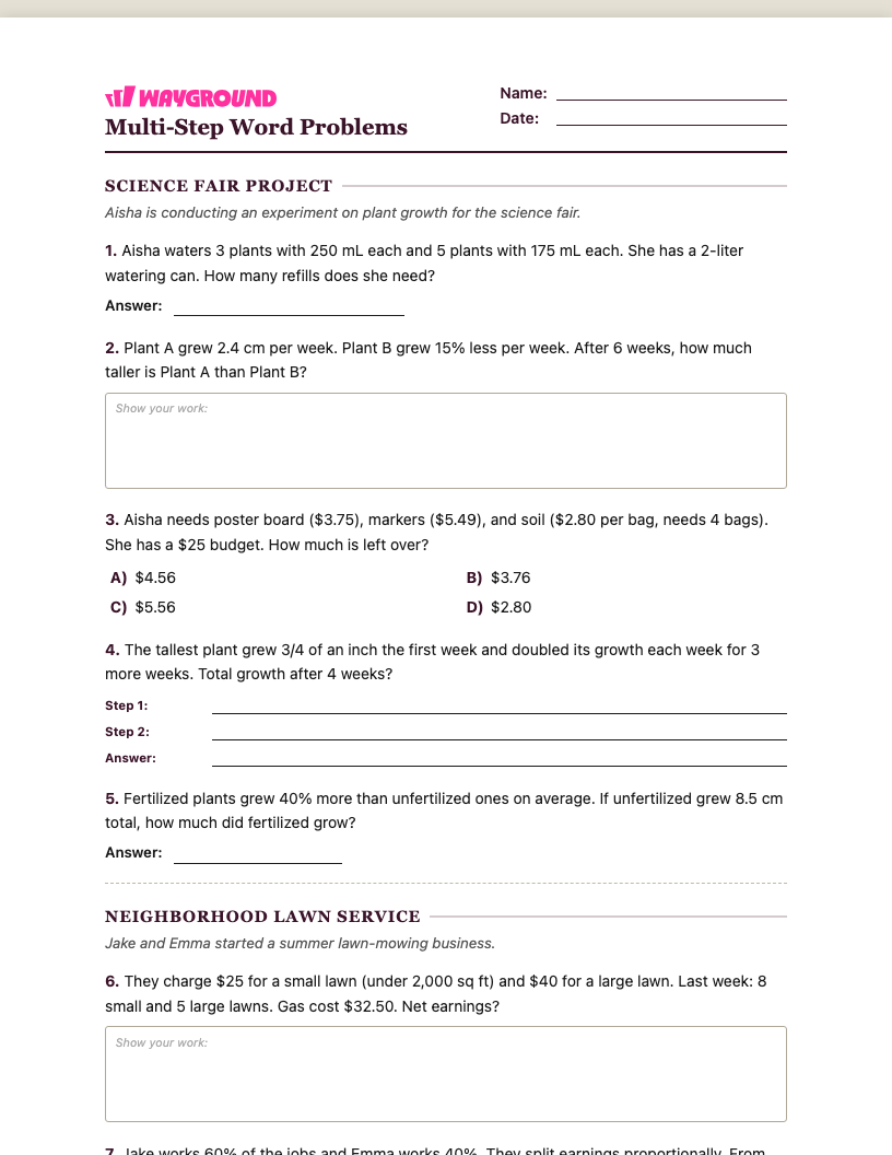 Multi-Step Word Problems Worksheet - พิมพ์ได้ โจทย์ปัญหาแบบหลายขั้นตอน เวิร์กชีท ระดับ 7 - Wayground