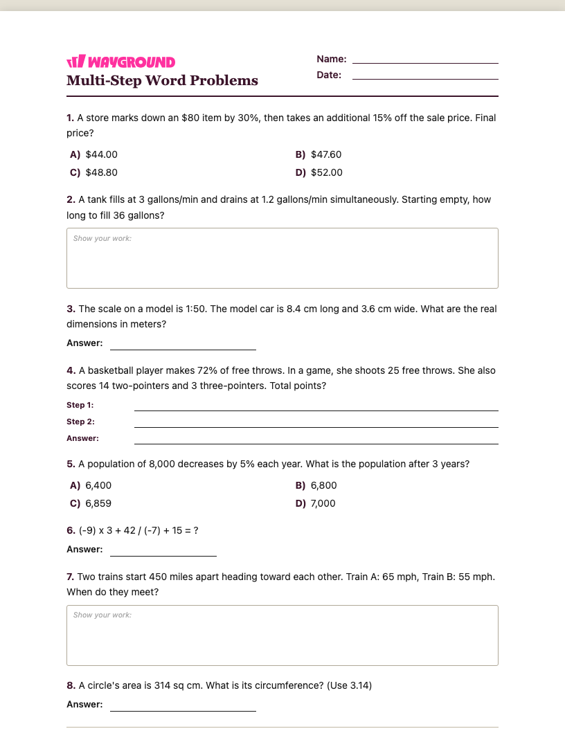 Multi-Step Word Problems Worksheet - พิมพ์ได้ โจทย์ปัญหาแบบหลายขั้นตอน เวิร์กชีท ระดับ 7 - Wayground