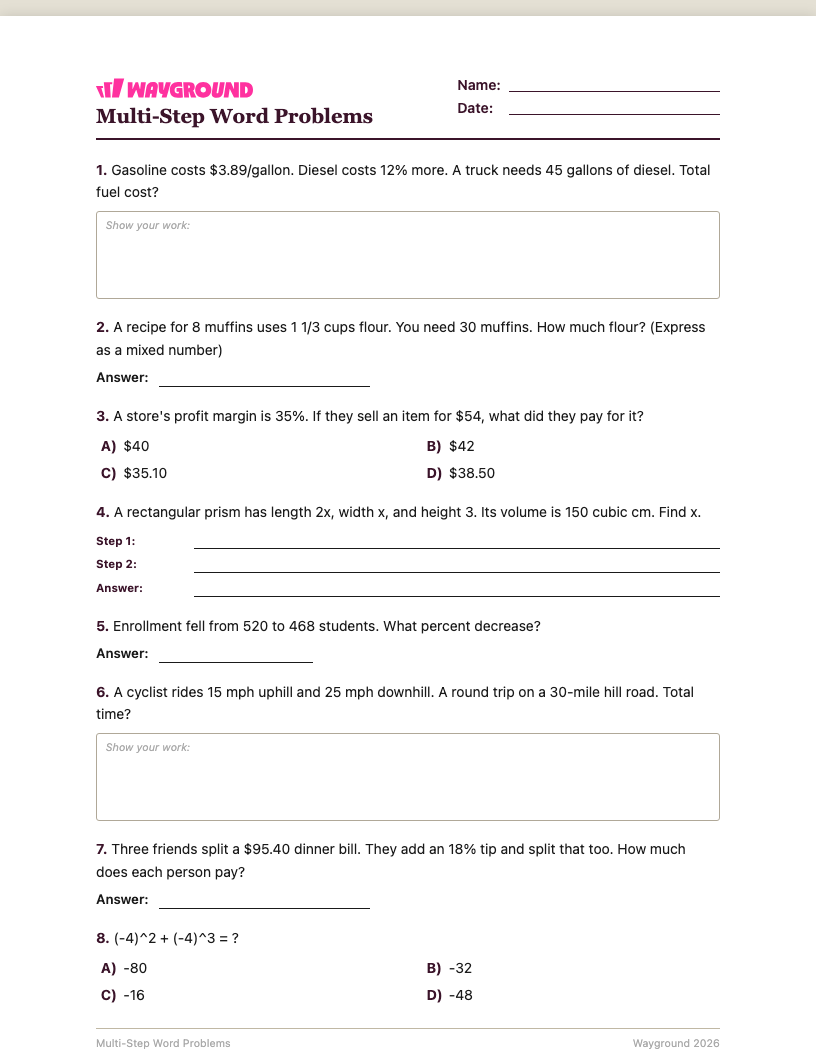 Multi-Step Word Problems Worksheet - พิมพ์ได้ โจทย์ปัญหาแบบหลายขั้นตอน เวิร์กชีท ระดับ 7 - Wayground