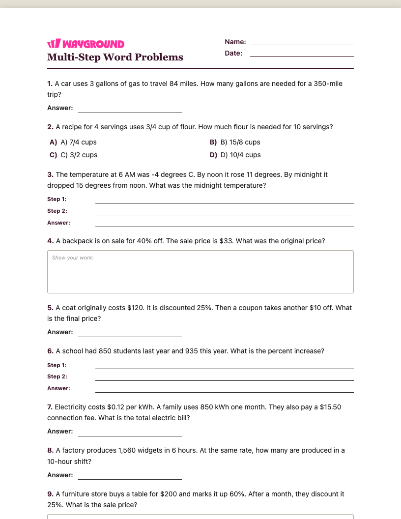 Multi-Step Word Problems Worksheet - พิมพ์ได้ โจทย์ปัญหาแบบหลายขั้นตอน เวิร์กชีท - Wayground