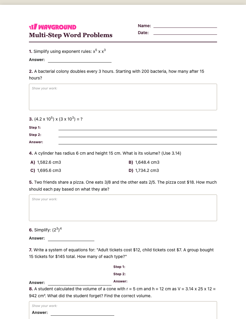Multi-Step Word Problems Worksheet - พิมพ์ได้ โจทย์ปัญหาแบบหลายขั้นตอน เวิร์กชีท ระดับ 8 - Wayground