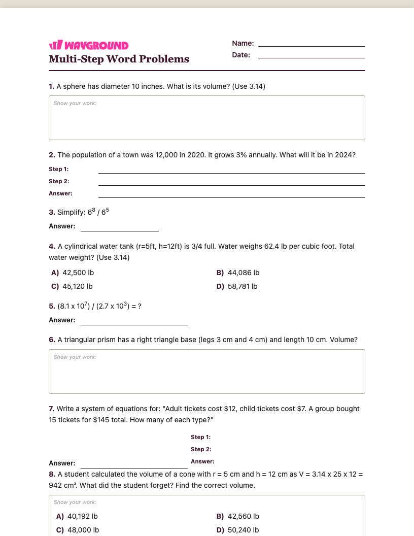 Multi-Step Word Problems Worksheet - พิมพ์ได้ โจทย์ปัญหาแบบหลายขั้นตอน เวิร์กชีท ระดับ 8 - Wayground