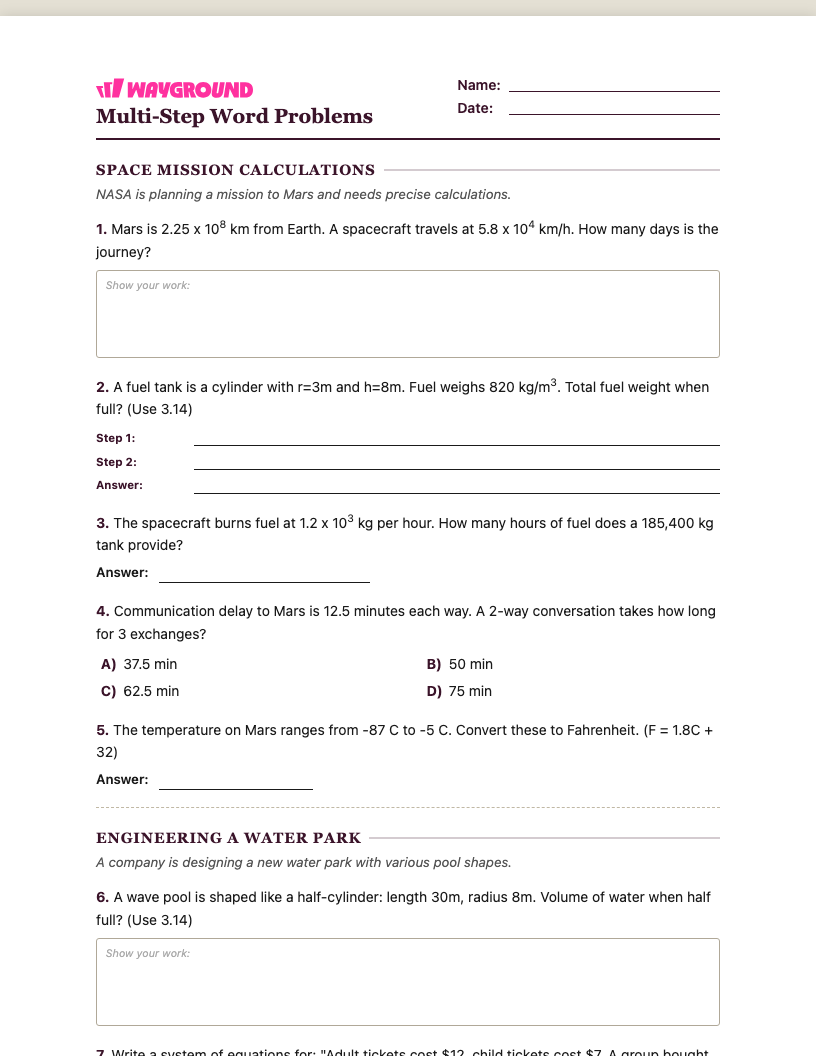 Multi-Step Word Problems Worksheet - พิมพ์ได้ โจทย์ปัญหาแบบหลายขั้นตอน เวิร์กชีท ระดับ 8 - Wayground