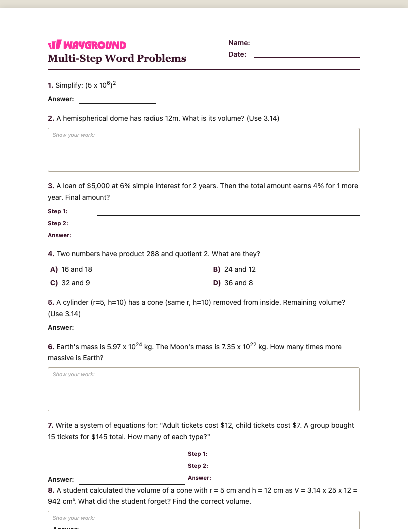 Multi-Step Word Problems Worksheet - พิมพ์ได้ โจทย์ปัญหาแบบหลายขั้นตอน เวิร์กชีท ระดับ 8 - Wayground