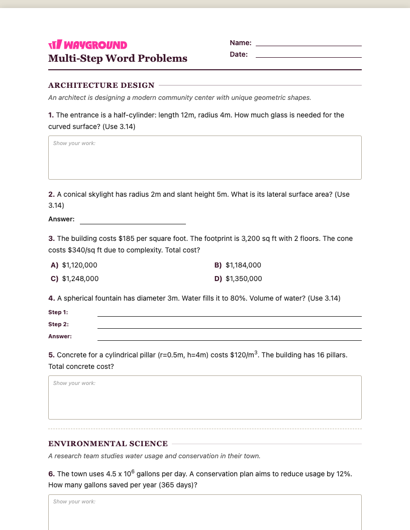 Multi-Step Word Problems Worksheet - พิมพ์ได้ โจทย์ปัญหาแบบหลายขั้นตอน เวิร์กชีท ระดับ 8 - Wayground