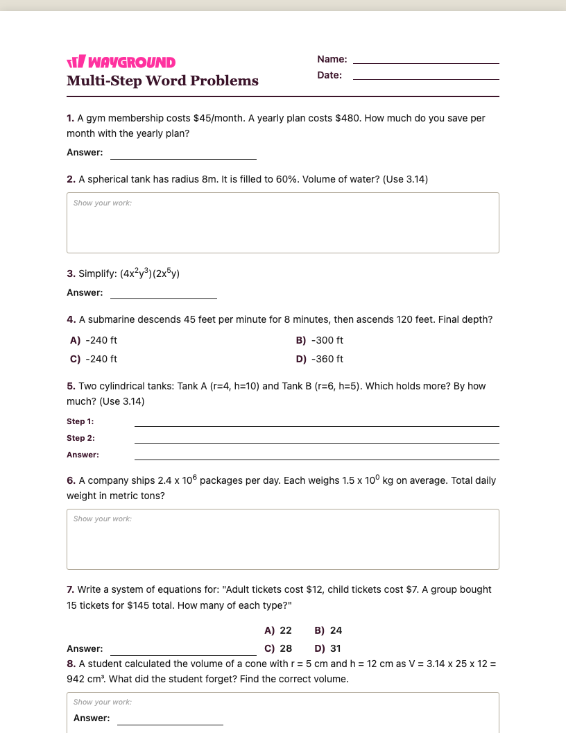 Multi-Step Word Problems Worksheet - พิมพ์ได้ โจทย์ปัญหาแบบหลายขั้นตอน เวิร์กชีท ระดับ 8 - Wayground