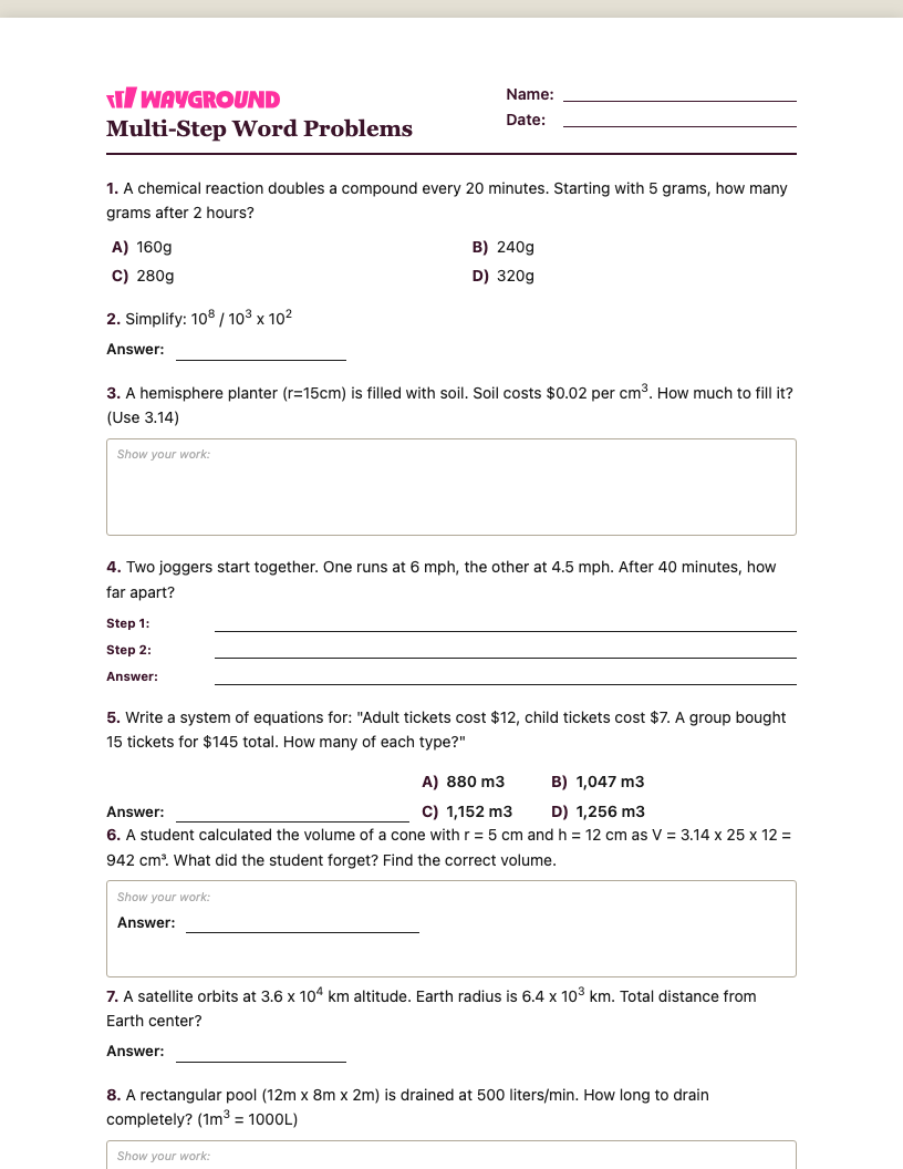 Multi-Step Word Problems Worksheet - พิมพ์ได้ โจทย์ปัญหาแบบหลายขั้นตอน เวิร์กชีท ระดับ 8 - Wayground
