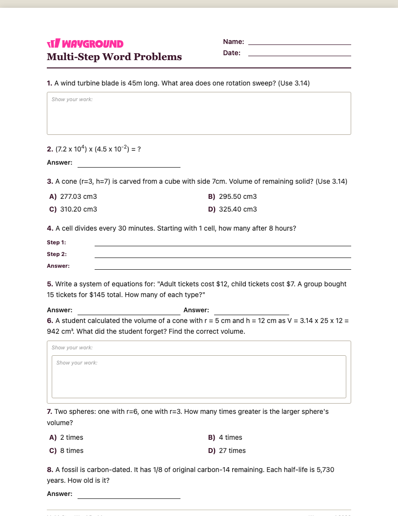Multi-Step Word Problems Worksheet - พิมพ์ได้ โจทย์ปัญหาแบบหลายขั้นตอน เวิร์กชีท ระดับ 8 - Wayground