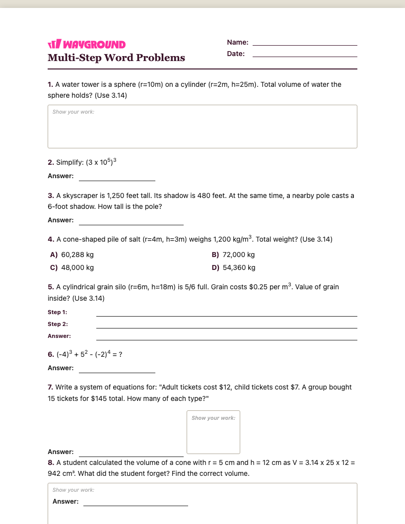Multi-Step Word Problems Worksheet - พิมพ์ได้ โจทย์ปัญหาแบบหลายขั้นตอน เวิร์กชีท ระดับ 8 - Wayground