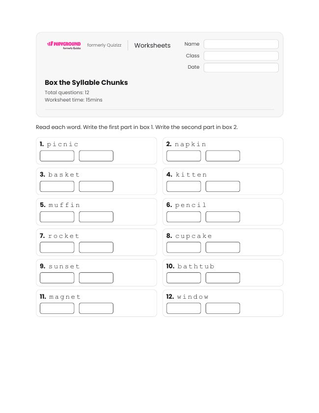Box the Syllable Chunks - Dapat dicetak Kata-kata-dengan-banyak-suku-kata Lembar-kerja Kelas 1 - Wayground