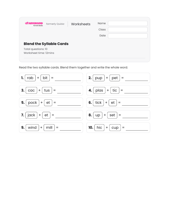 Blend the Syllable Cards - Dapat dicetak Kata-kata-dengan-banyak-suku-kata Lembar-kerja Kelas 1 - Wayground