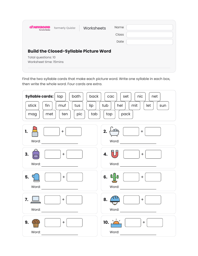 Build the Closed-Syllable Picture Word - Dapat dicetak Kata-kata-dengan-banyak-suku-kata Lembar-kerja Kelas 1 - Wayground