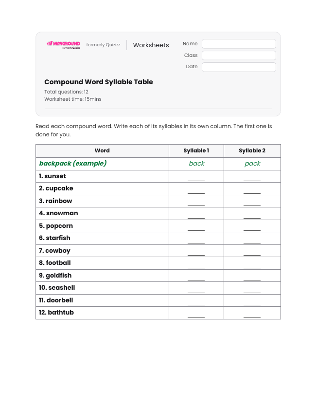 Compound Word Syllable Table - Dapat dicetak Kata-kata-dengan-banyak-suku-kata Lembar-kerja Kelas 1 - Wayground