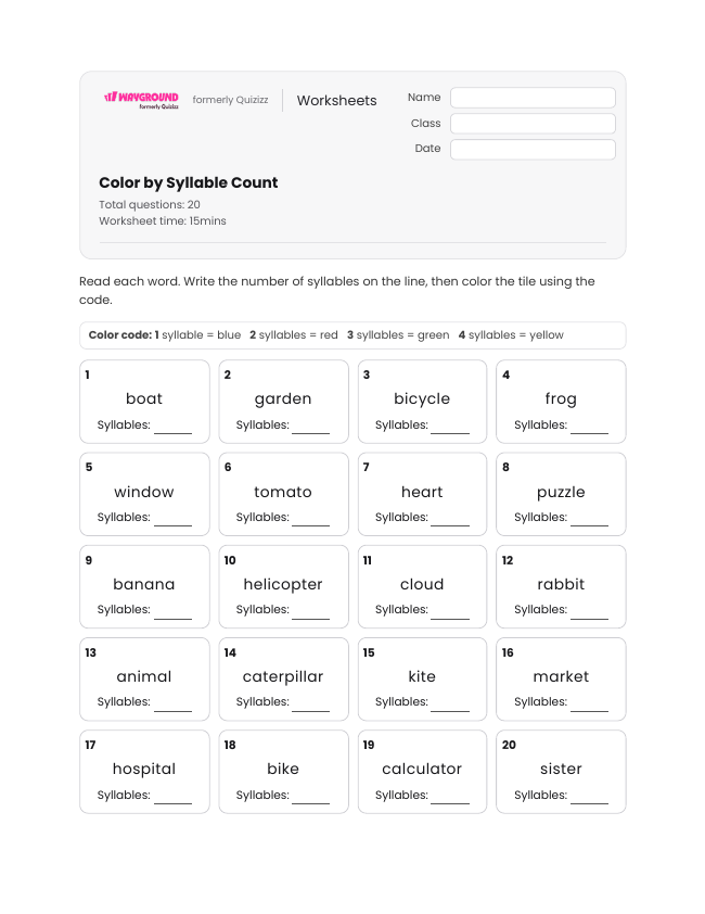 Color by Syllable Count - Dapat dicetak Kata-kata-dengan-banyak-suku-kata Lembar-kerja Kelas 2 - Wayground